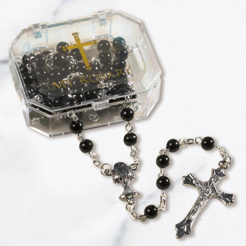 First Communion Black Rosary with case