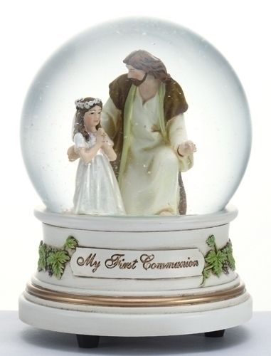 First Communion musical glitterdome, Jesus with Girl, 5.5" tall