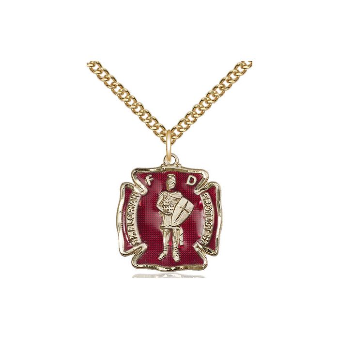 Saint Florian medal with Red Enamel 0070E2, Gold Filled