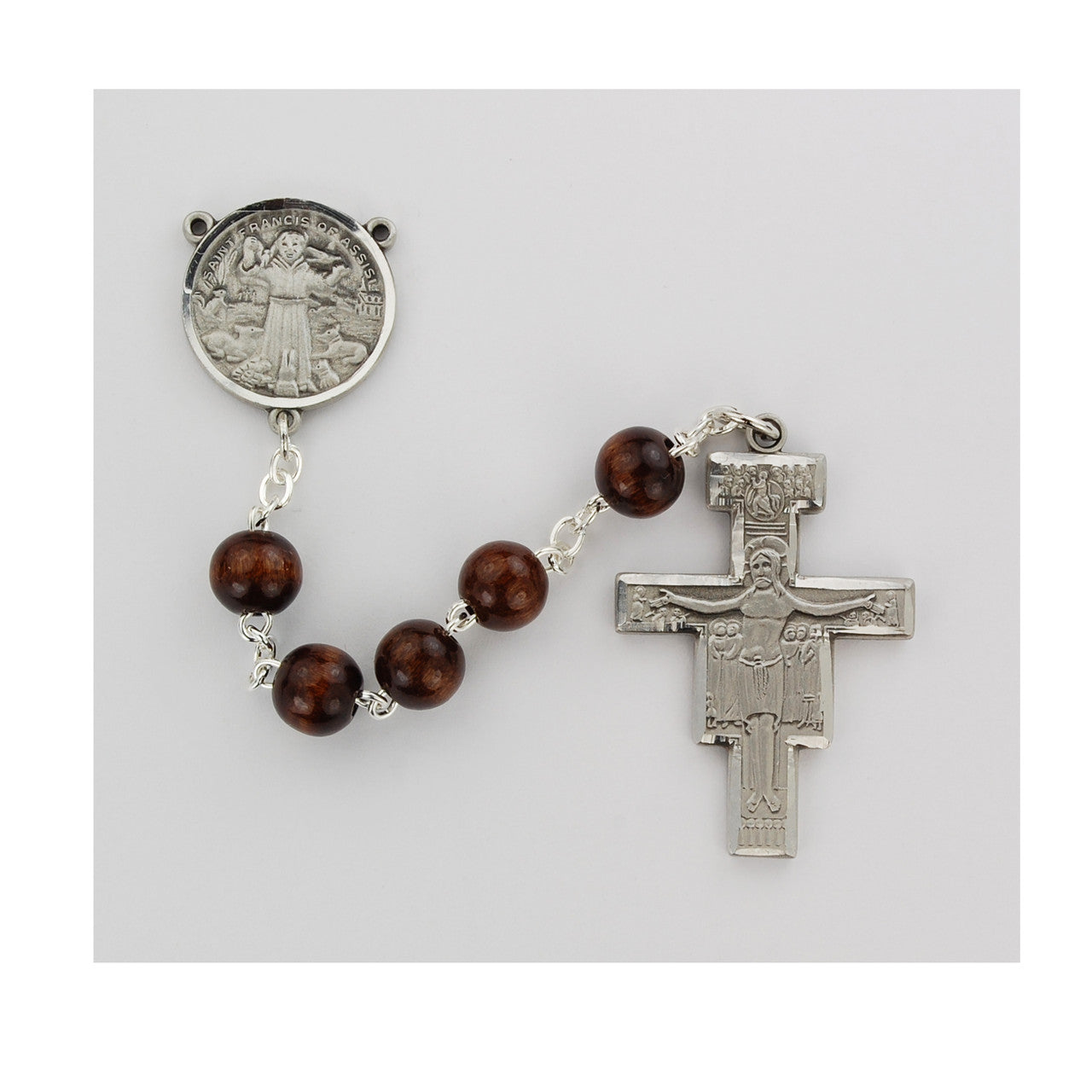 San Damiano Rosary, Sterling Silver, 4x6mm wood beads