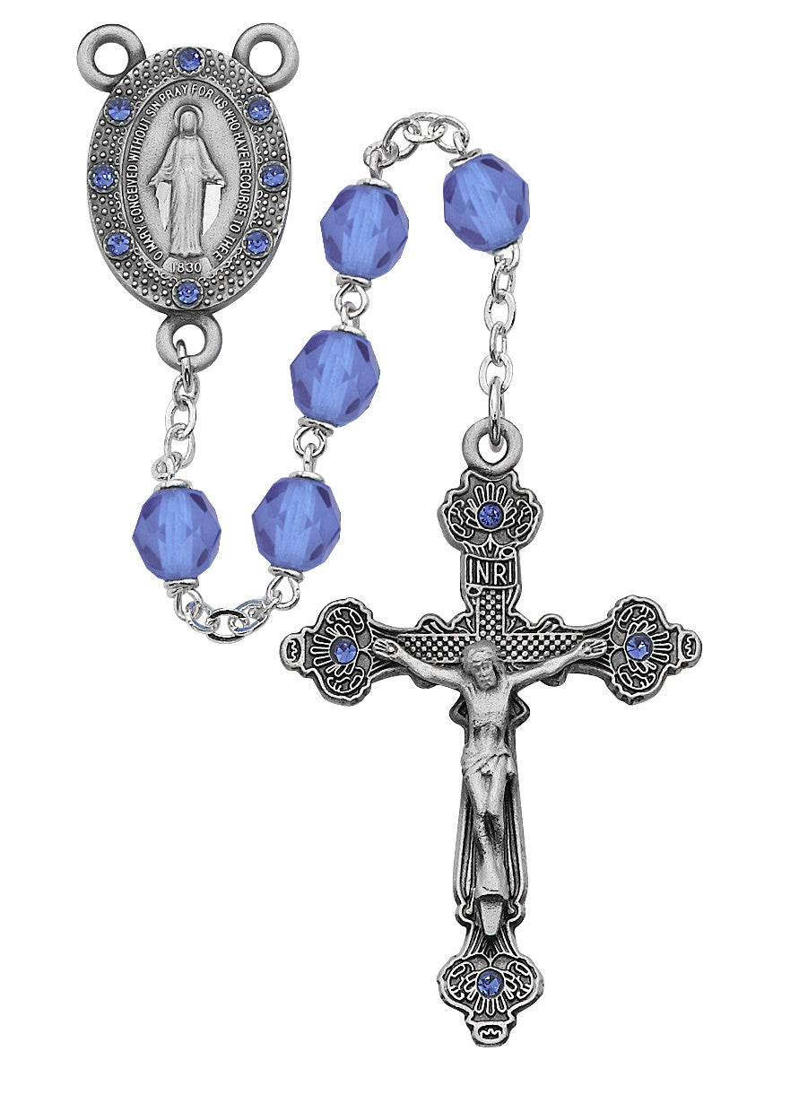 Miraculous Medal Blue Rosary, 7mm beads