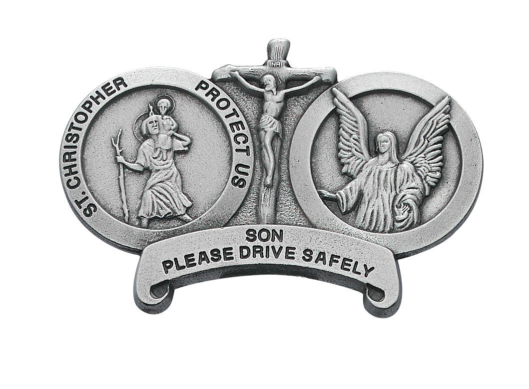 St. Christopher & Guardian Angel visor clip - Son please drive safely