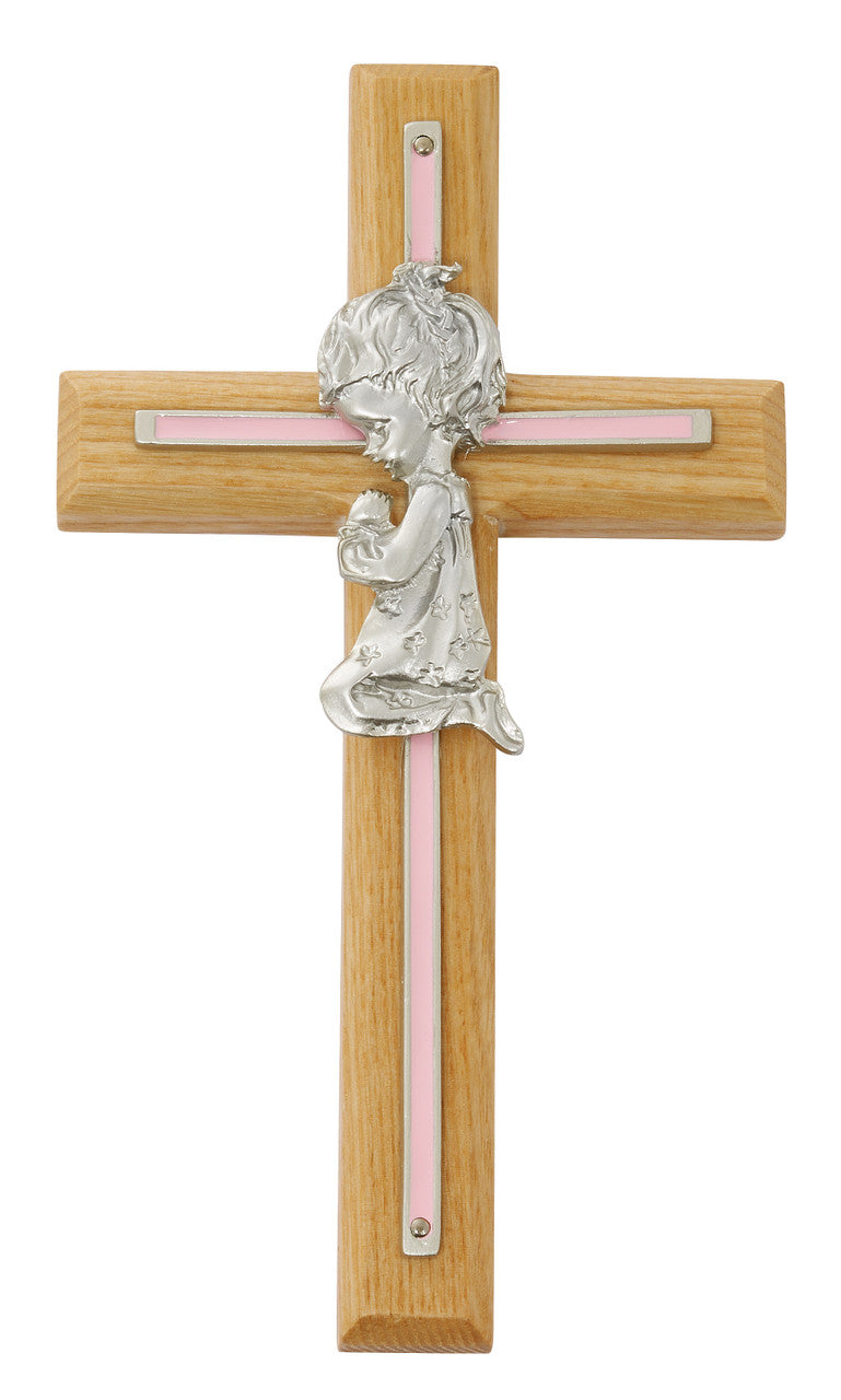 Oak Cross with Silver & Pink inlay and praying girl, 7" tall