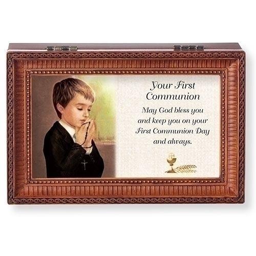 Your First Communion Brown Wood Grain Music Box, 6.25" long, Tune: Fur Elise