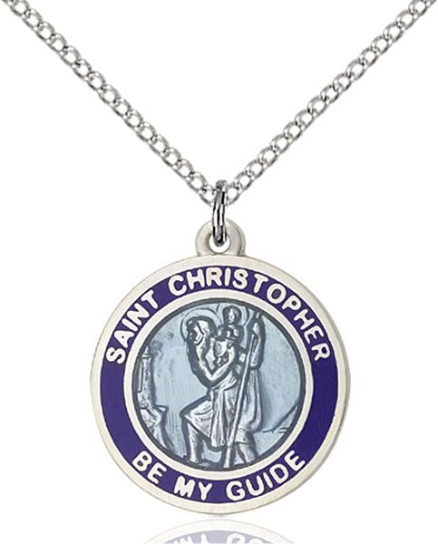 Saint Christopher round medal with Blue Enamel 0192BB4, Pewter