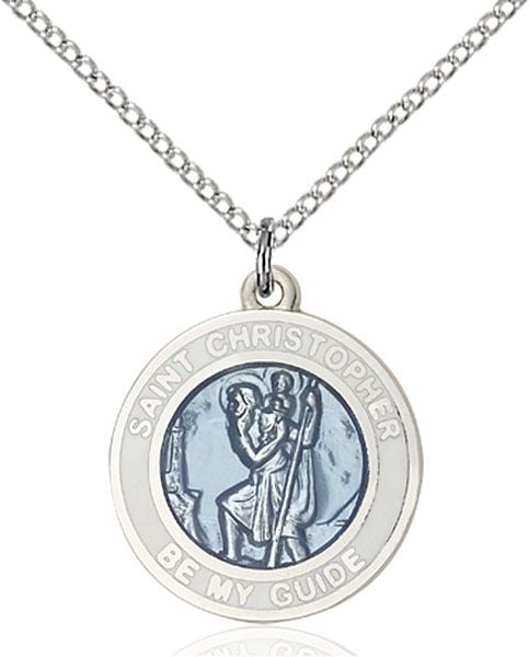 Saint Christopher round medal with Blue Enamel and White Border 0192WB4, Pewter