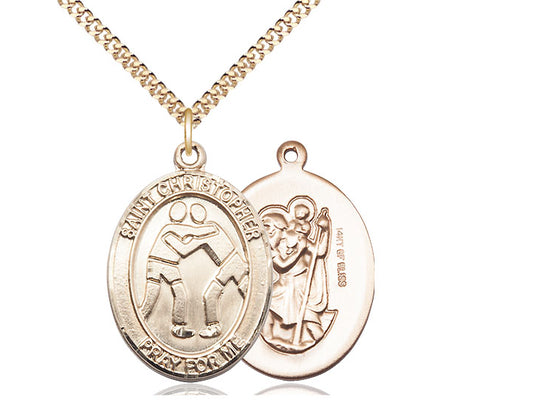 Wrestling with Saint Christopher medal S1592, Gold Filled
