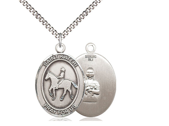 Equestrian with Saint Kateri medal S1821, Sterling Silver