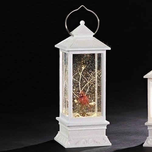 White Lantern with Cardinal Glitterdome, LED, 11" tall