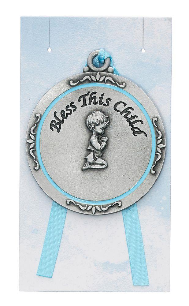 Bless this Child blue round Crib Medal, 2.75" length