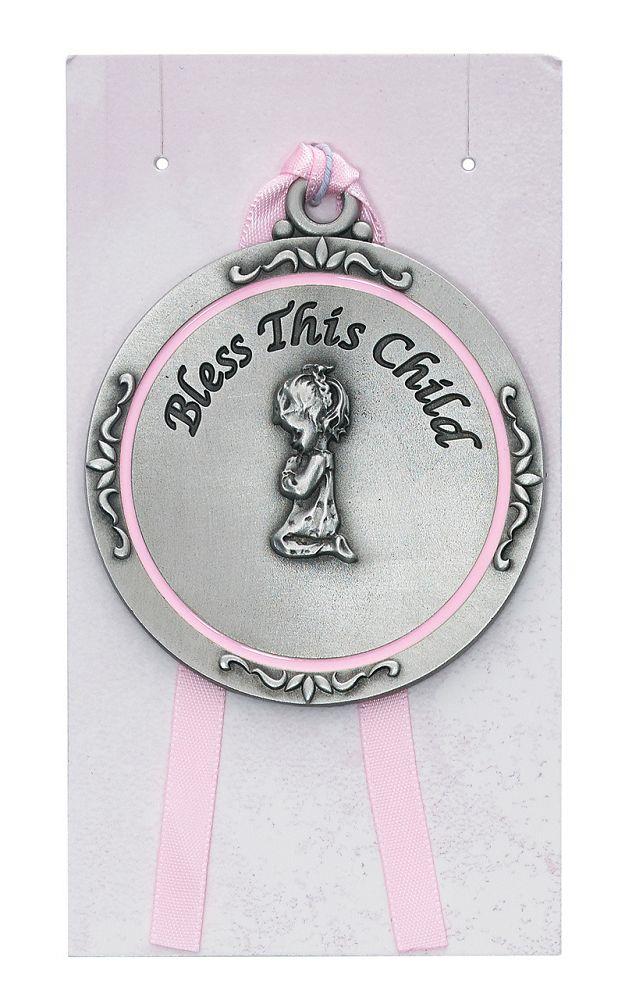 Bless this Child pink Crib round Medal, 2.75" diameter