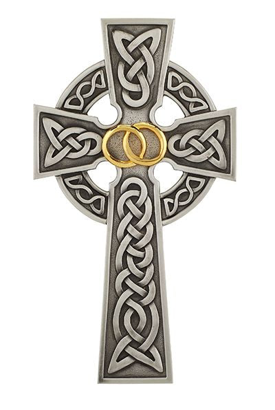 Celtic Knot Cross, Pewter with gold rings, 8"