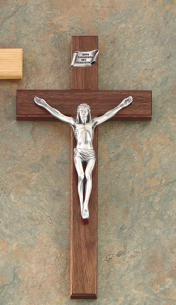 Walnut Crucifix with Silver Finish Corpus, 8" tall