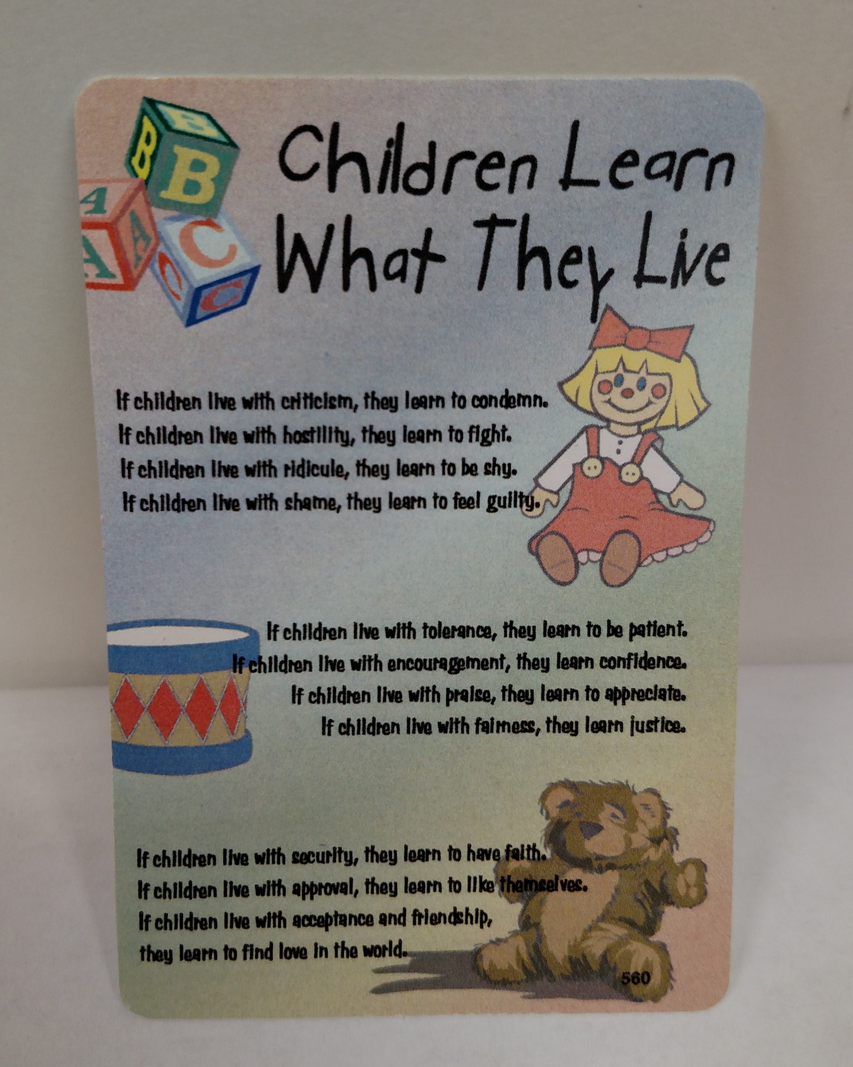 Children Learn what they Live prayer card