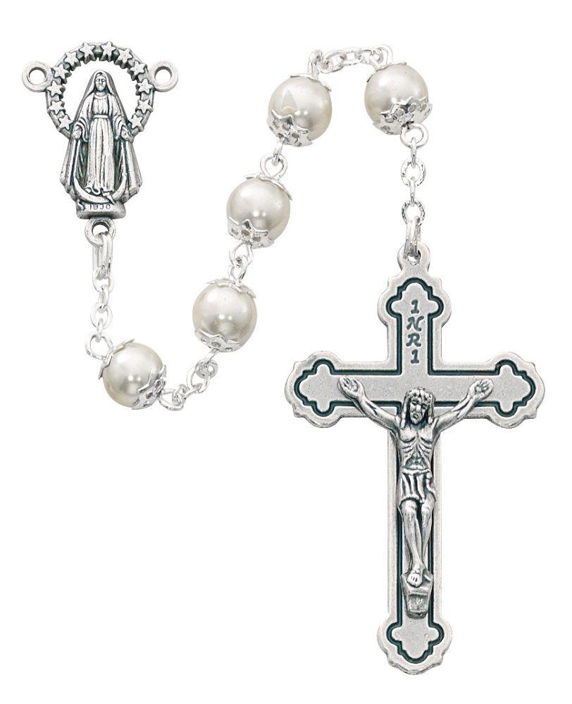 White faux pearl capped Rosary