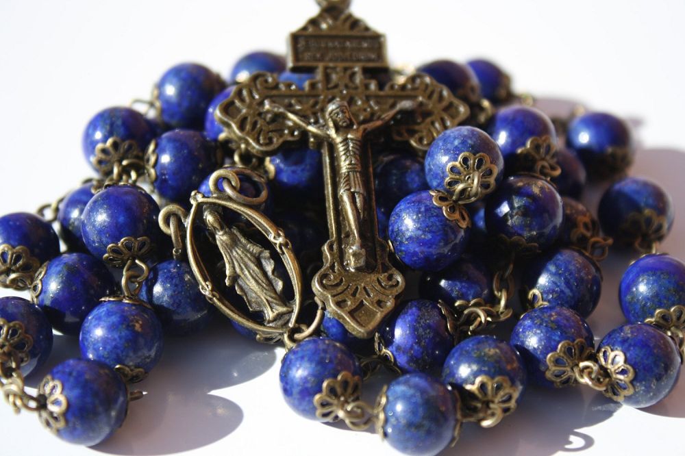 Blue Lapis Bead Rosary with Bronze Crucifix and St. Michael centerpiece