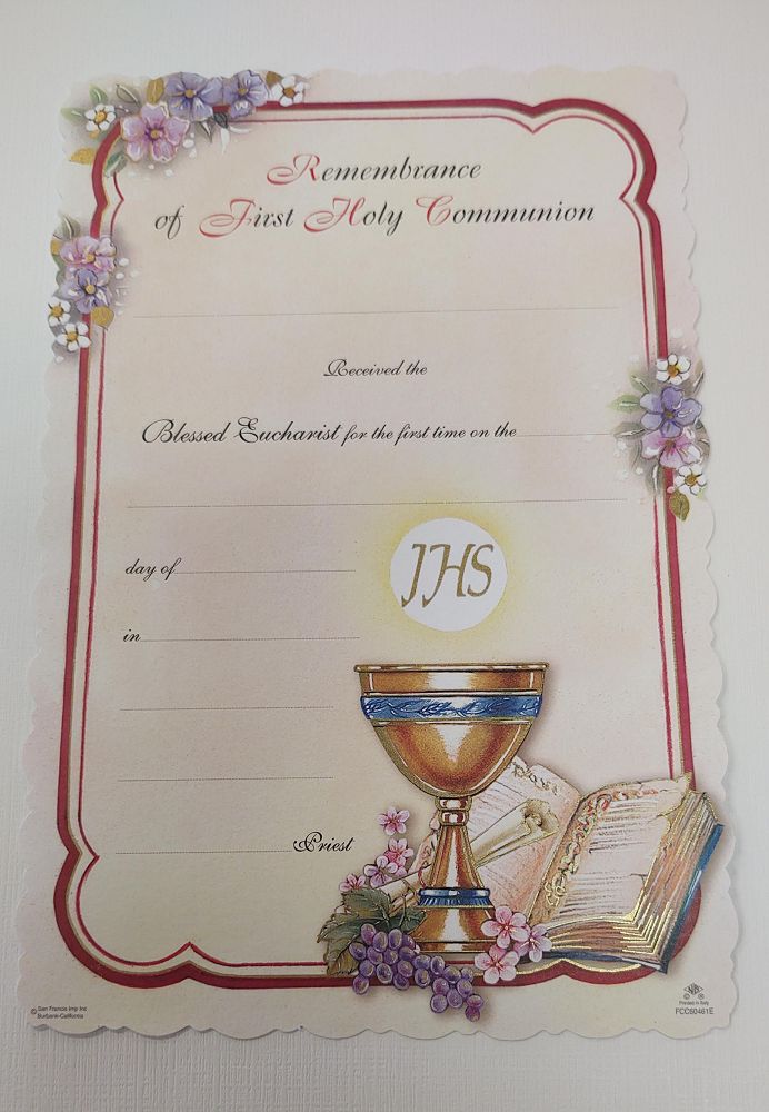 First Communion Certificate, each