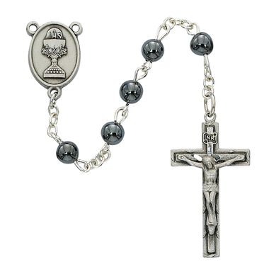 First Communion Rosary with Chalice centerpiece and Hematite beads