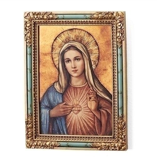 Immaculate Heart of Mary with ornate frame, 7.5" tall