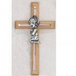 Oak Cross with Silver & Pink inlay and praying girl, 7" tall