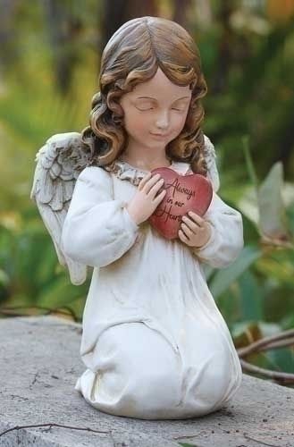 Kneeling Angel with Heart Garden Statue, 12" tall