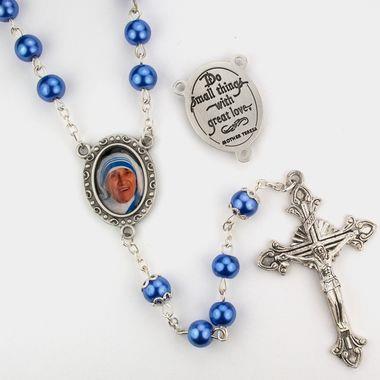 St. Mother Teresa blue & pearl Rosary, 7mm beads