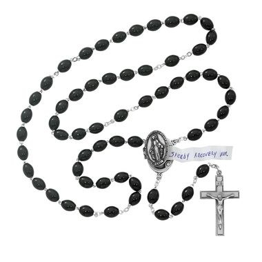 Miraculous Medal Prayer Box pewter Rosary, black beads