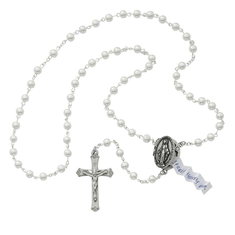 Miraculous Medal Prayer Box Rosary with pearl beads and pewter crucifix and centerpiece