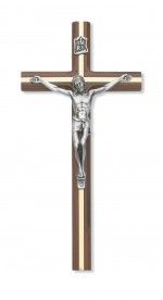 Walnut Crucifix with gold inlay and Silver Corpus, 10" tall