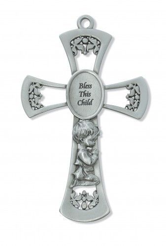 Bless this Child pewter boy Cross, 6" tall