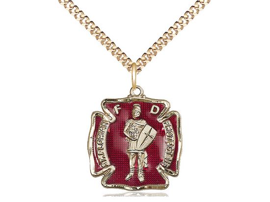 Saint Florian medal 0070E2 with red enamel, Gold Filled