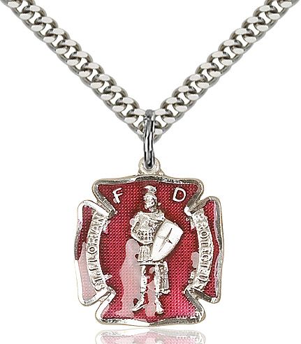 Saint Florian medal 0070E1 with red enamel, Sterling Silver