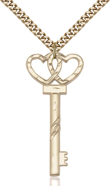 Key with double hearts medal 62122, Gold Filled