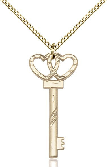 Key w/double hearts medal 62132, Gold Filled