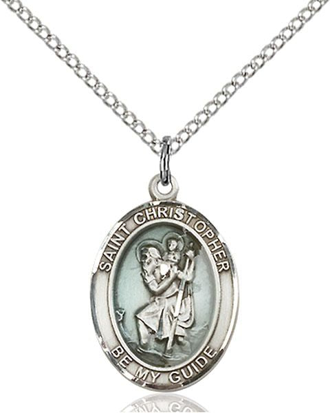 Saint Christopher medal S022E1, Blue Enameled, Sterling Silver