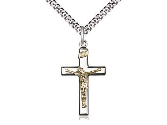 Crucifix polished Sterling Silver and Gold Corpus with 18" heavy chain