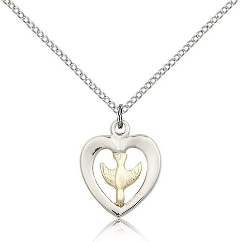 Holy Spirit in my Heart Medal, Gold Filled dove and Sterling Silver heart with 18" chain