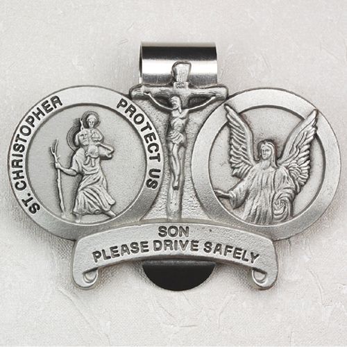 St. Christopher & Guardian Angel visor clip - Son please drive safely