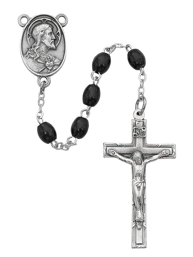 Scapular Black Wood Bead Rosary, pewter