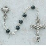 First Communion Genuine Hematite Rosary with Chalice centerpiece, 5mm beads