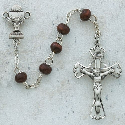 First Holy Communion Rosary, brown wood beads
