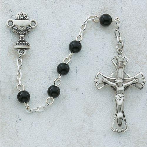First Communion Black Glass Rosary, 5mm beads