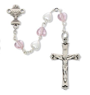 First Communion White & Pink Heart Rosary