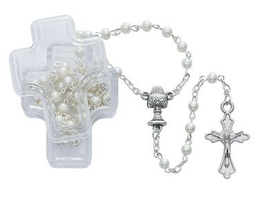 First Communion Rosary with Chalice centerpiece and White Pearl beads