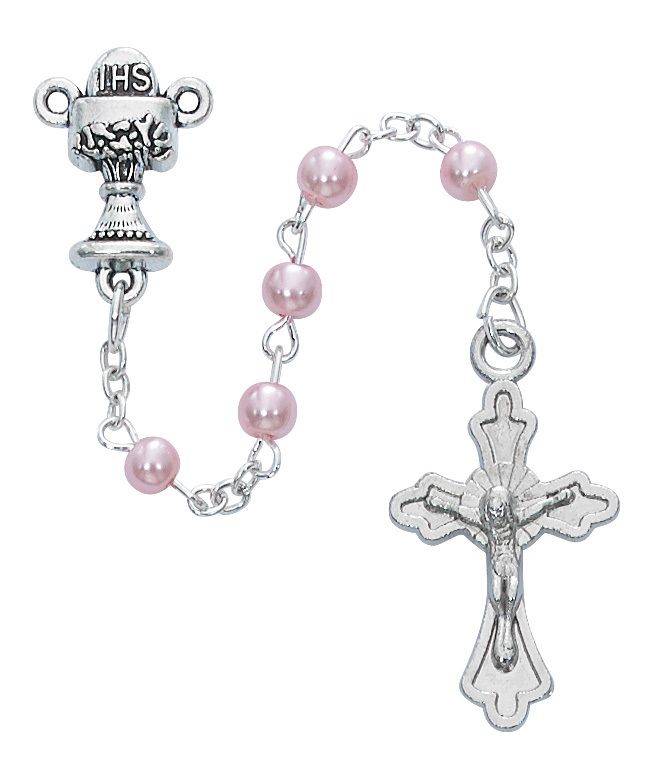 First Communion Rosary with Chalice centerpiece and Pink Pearl beads