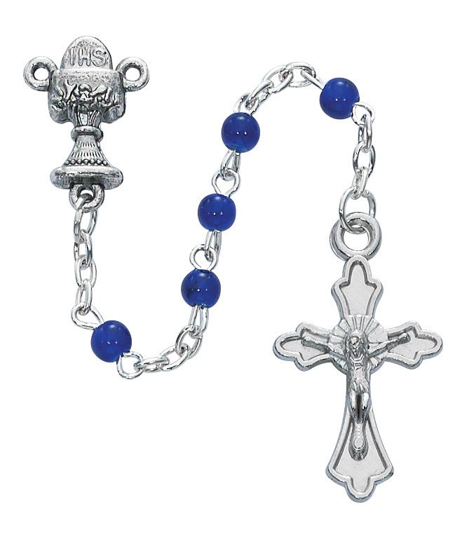 First Communion Rosary with Chalice centerpiece and Blue beads