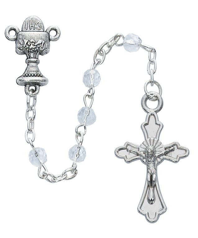 First Communion Rosary with Chalice centerpiece and Crystal beads