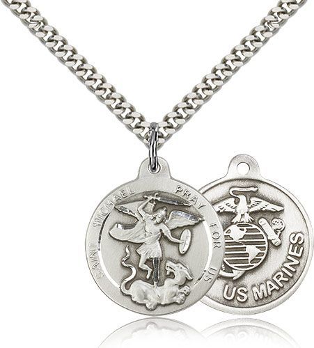 Saint Michael the Archangel with Marines emblem, round medal 034214, Sterling Silver