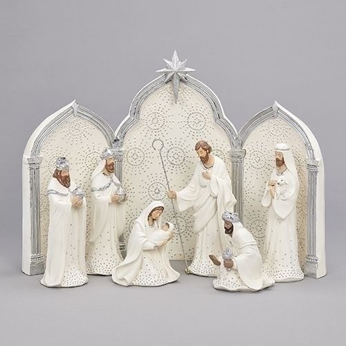 Silver Dots Nativity Set with Triptych background, 9 pcs., 11.5" tall