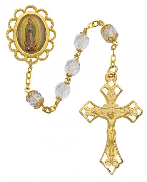 Our Lady of Guadalupe Gold Plated Rosary, 7mm pearl beads